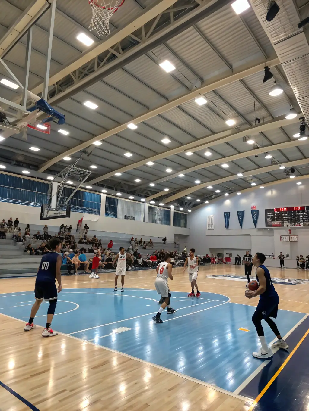 Image of adults engaged in a friendly basketball game at the ASSOCIATION GESTION SPORTIVE MILLAVOISE indoor court, highlighting fitness and community spirit.