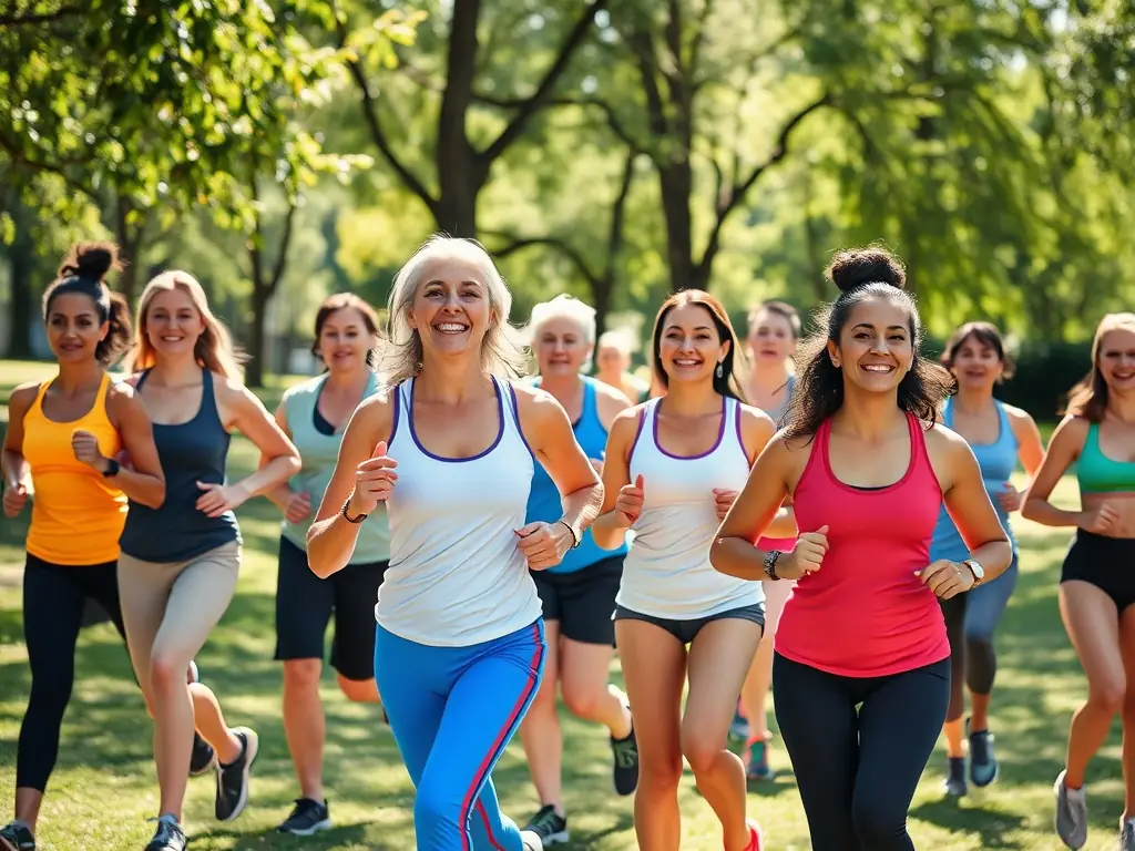 An image of adults participating in a group fitness class outdoors, emphasizing the health and wellness benefits of AGSM's recreational activities.