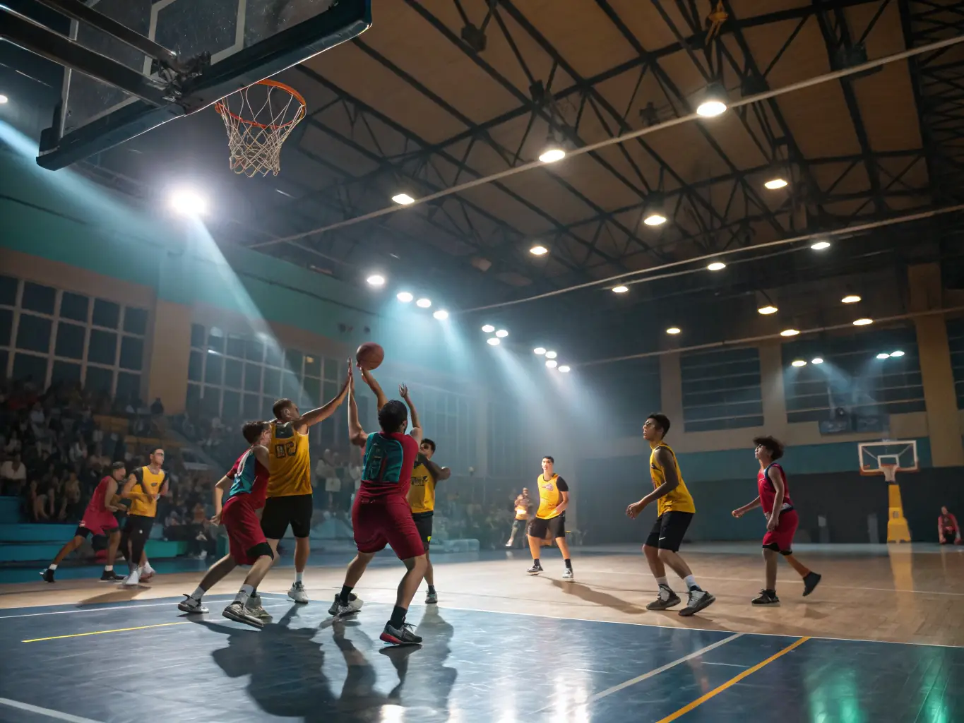 A dynamic image of a basketball game in progress at a local gymnasium, highlighting the teamwork and competitive spirit of the ASSOCIATION GESTION SPORTIVE MILLAVOISE basketball league.