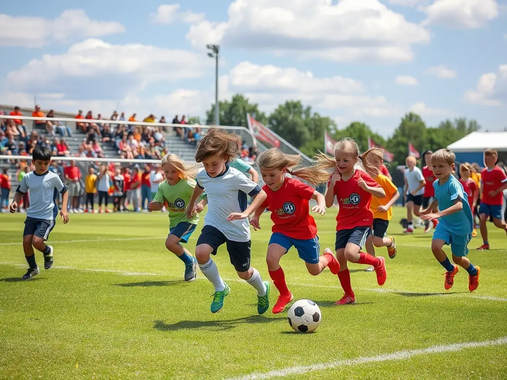 An image of children and adults participating in a local soccer match in a vibrant community park, showcasing the inclusive and community-focused nature of AGSM's sports programs.